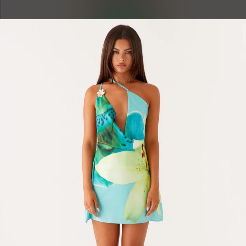 Peppermayo Aiva Turquoise Floral One-Shoulder Mini Dress